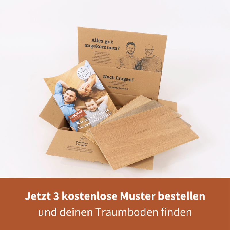 Das Bodenglück Musterpaket kommt mit deinen Lieblings-Laminatböden zu dir nach Hause.